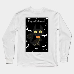 "Happy Halloween" Star Collar Black Cat Long Sleeve T-Shirt